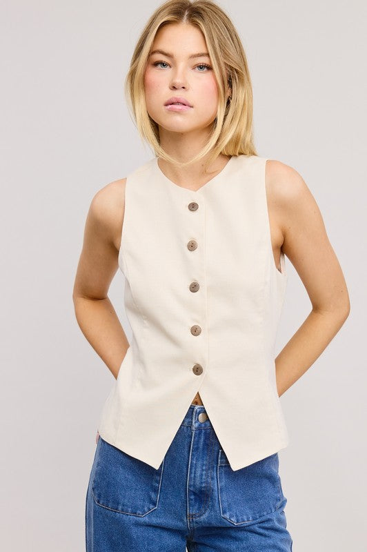 ROUND NECK WAISTCOAT VEST - NATURAL