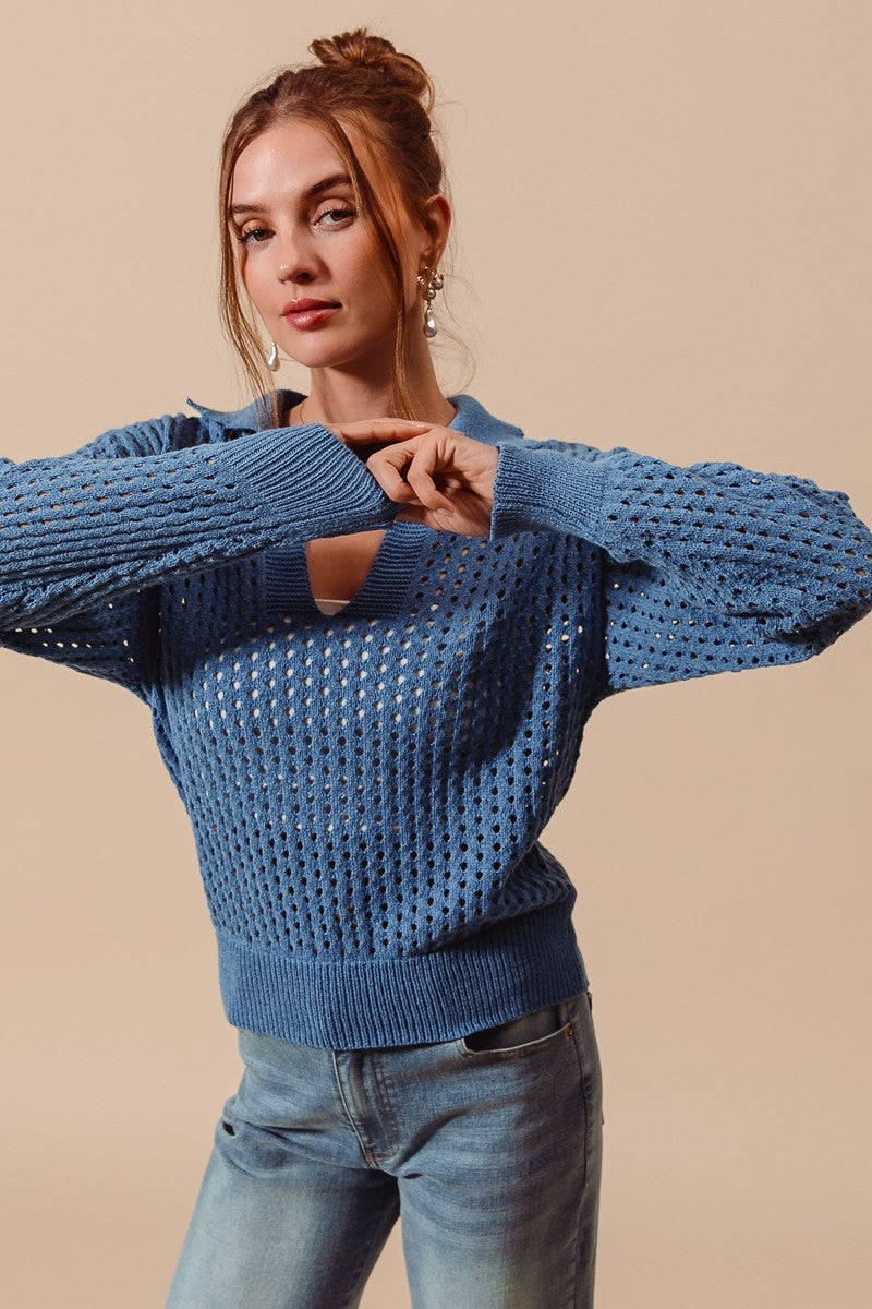 OPEN KNIT POLO SWEATER  - DENIM