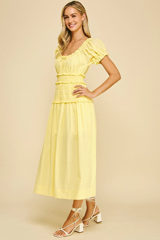SMOCKED MIDI DRESS - LEMON