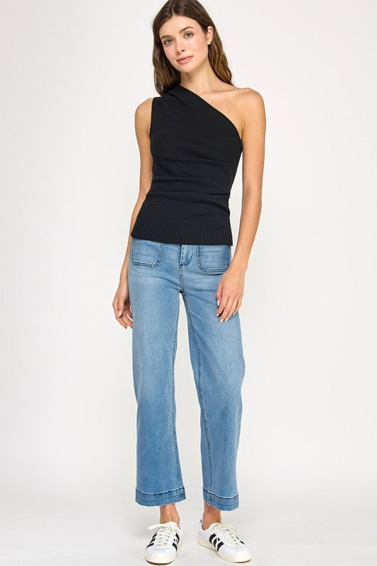 STRETCHY ONE SHOULDER  RIBBED TOP - BLACK