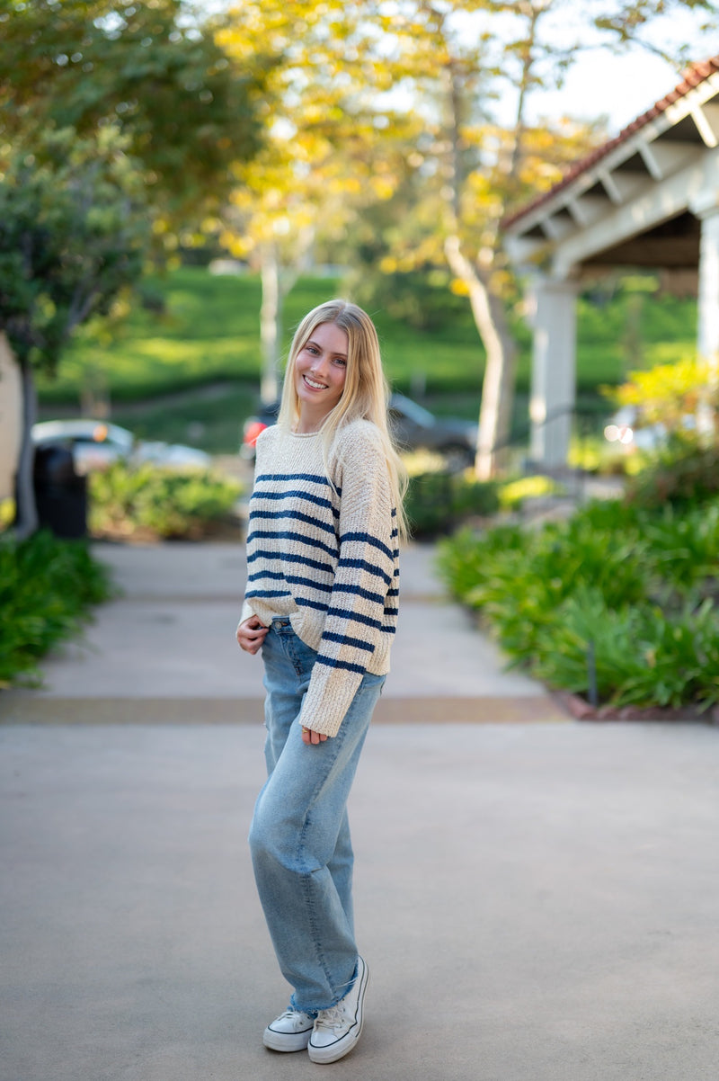 STRIPED LIGHTWEIGHT SWEATER - NAVY/CREAM