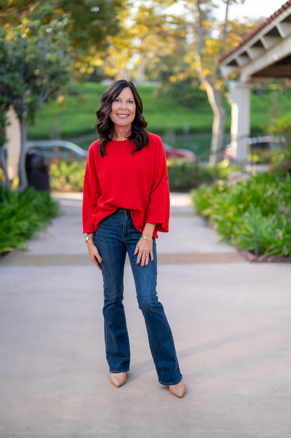 3/4 SLEEVE SWEATER TOP - RED