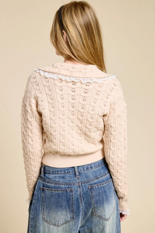 LACE TRIM CABLE KNIT CARDIGAN - APRICOT