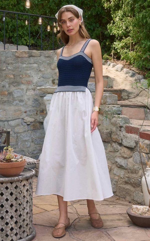 MIXED MEDIA KNIT CAMI MIDI DRESS - NAVY/OFF WHITE  CAllie Girl Boutique