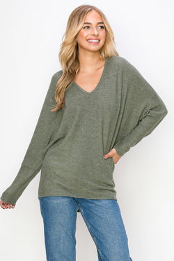 DOLMAN SLEEVE V-NECK BRUSHED TOP - SARMA OLIVE