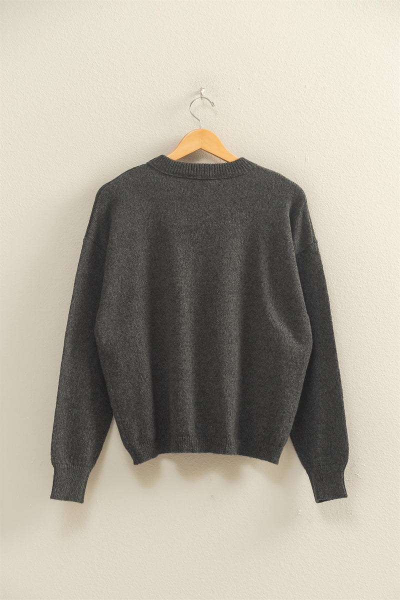FRONT SEAM CREW NECK SWEATER - CHARCOAL
