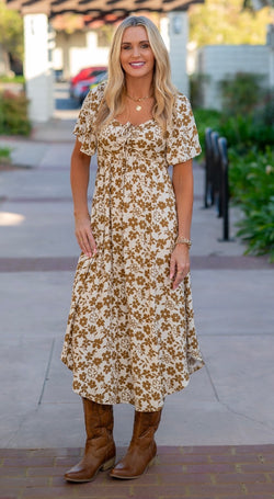 FLORAL PRINT TIE DETAIL MIDI DRESS - BEIGE/MOCHA