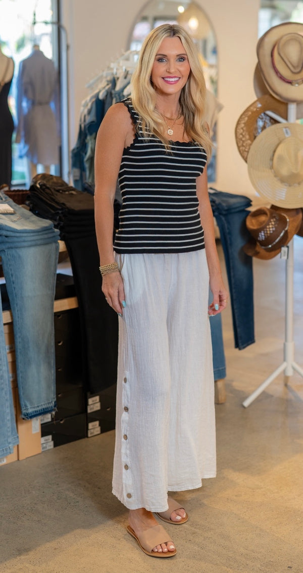 SCALLOP EDGE STRIPE TANK TOP - BLACK/IVORY