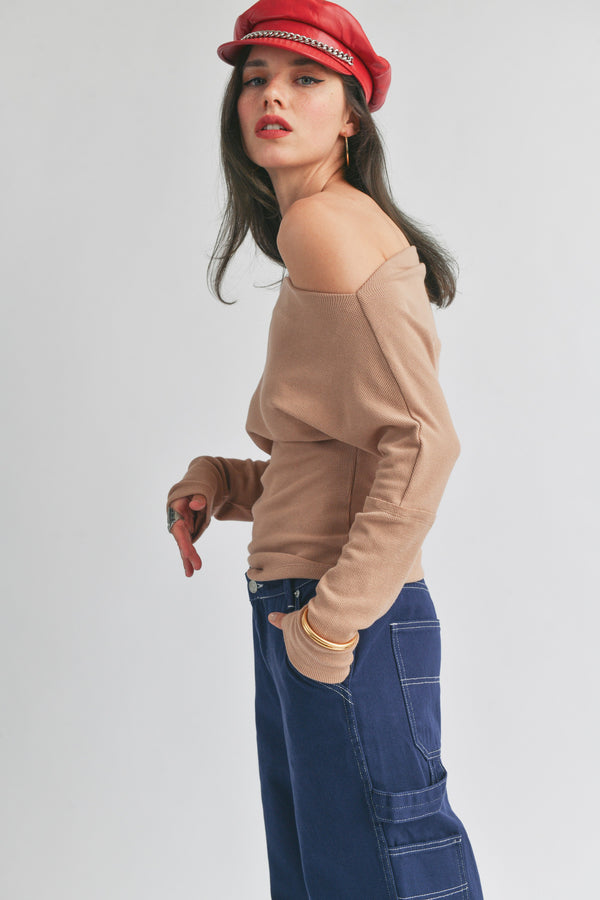 COWL NECK WAFFLE KNIT TOP - TAUPE