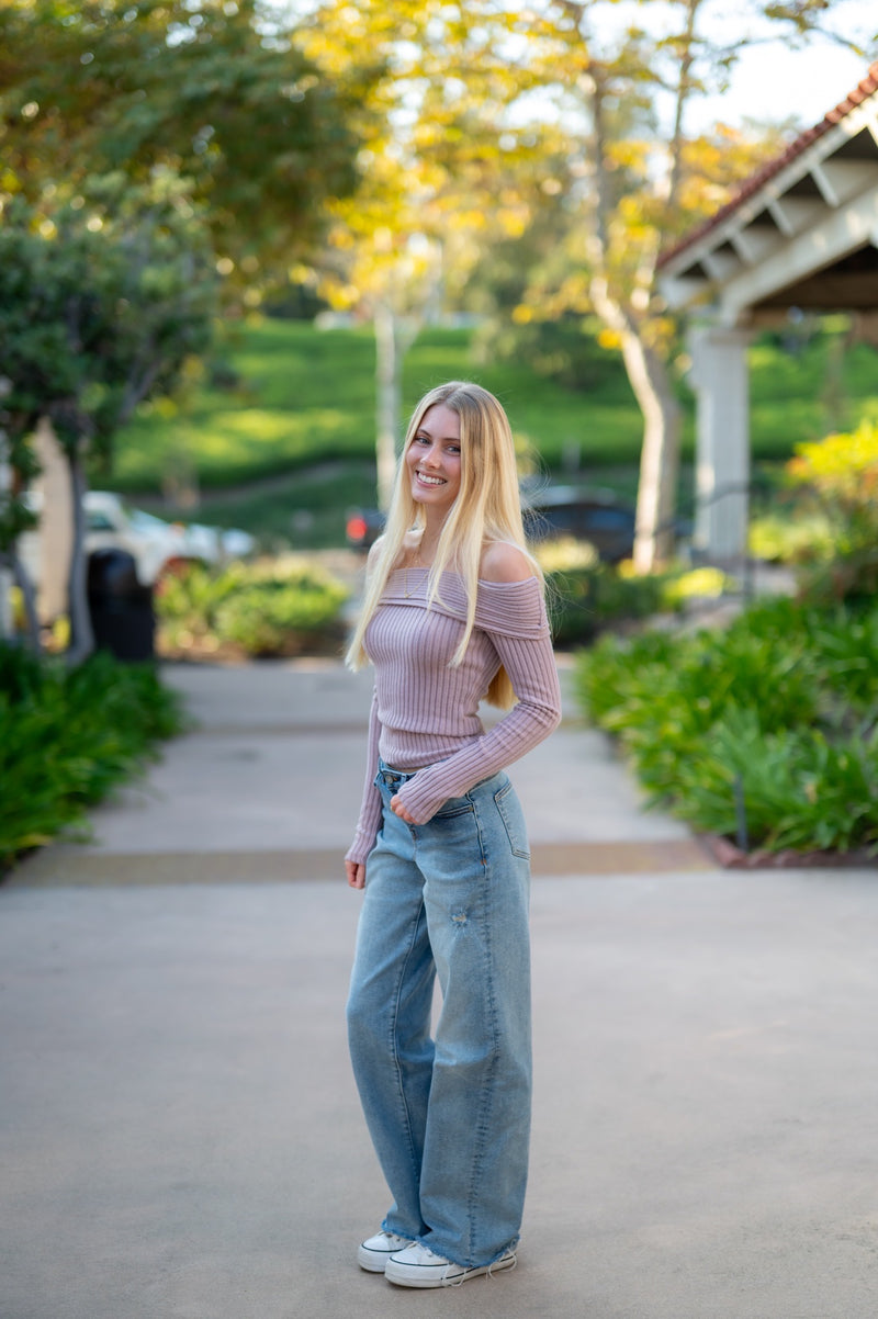 OFF SHOULDER LONG SLEEVE TOP - ELDERBERRY
