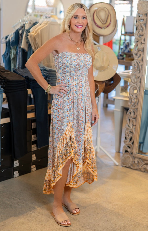 ASYMMETRICAL STRAPLESS MAXI DRESS - MULTI