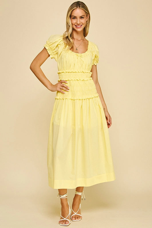 SMOCKED MIDI DRESS - LEMON