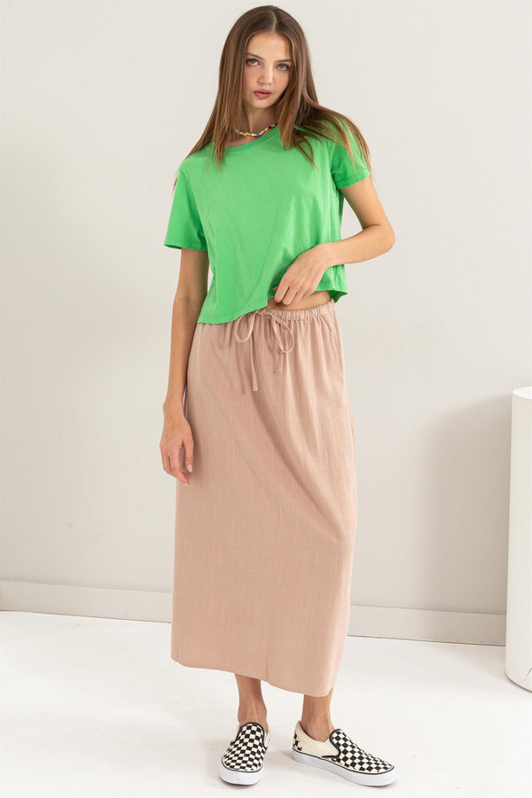 LINEN BLEND MIDI SKIRT - TAN