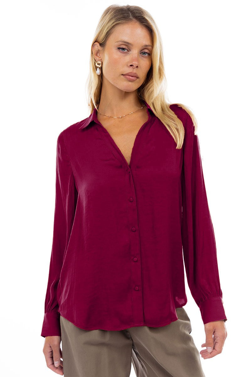 CLASSIC V-NECK BLOUSE - GARNET