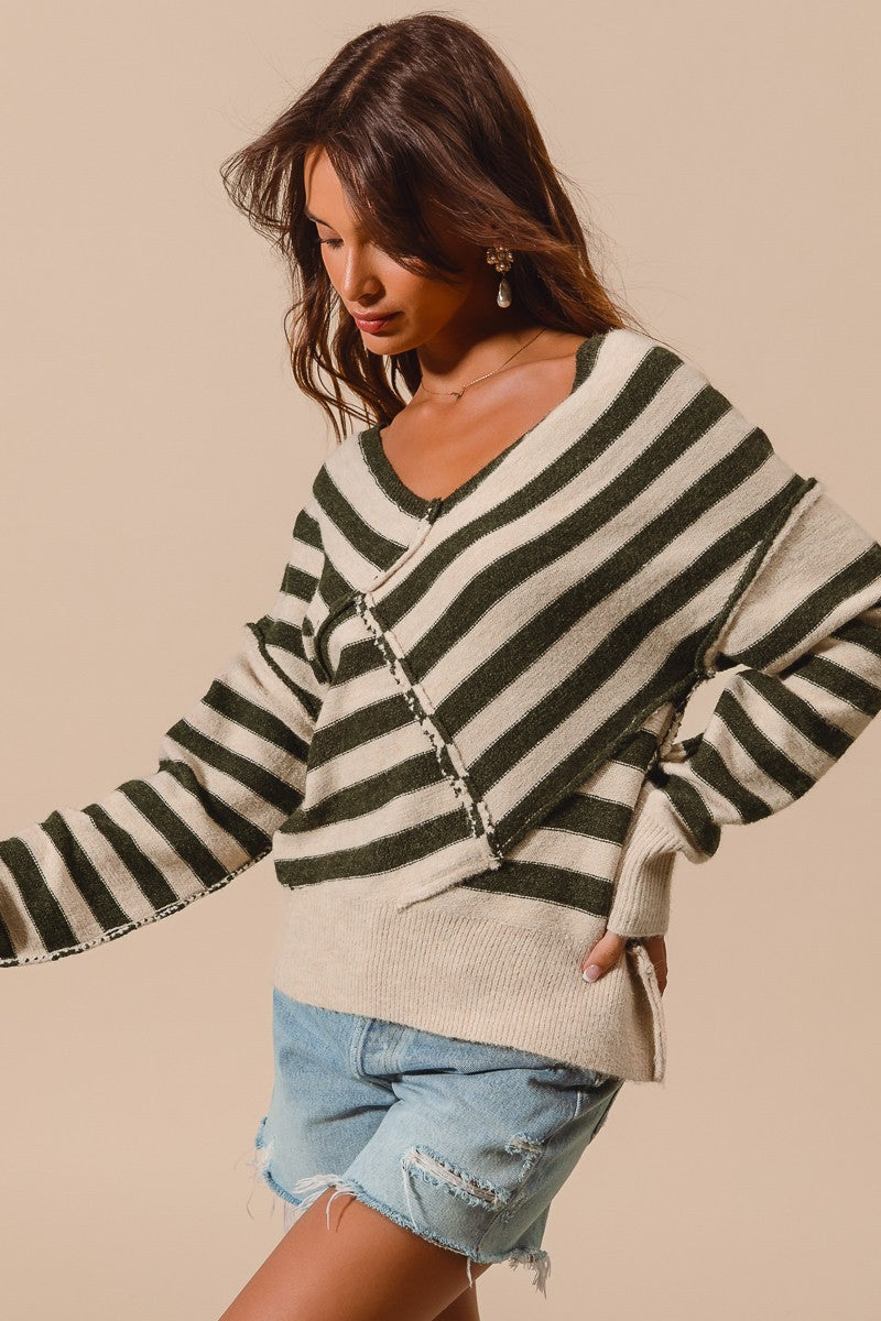 STRIPED CROSS OVERLAPPED SWEATER - OLIVE/OATMEAL