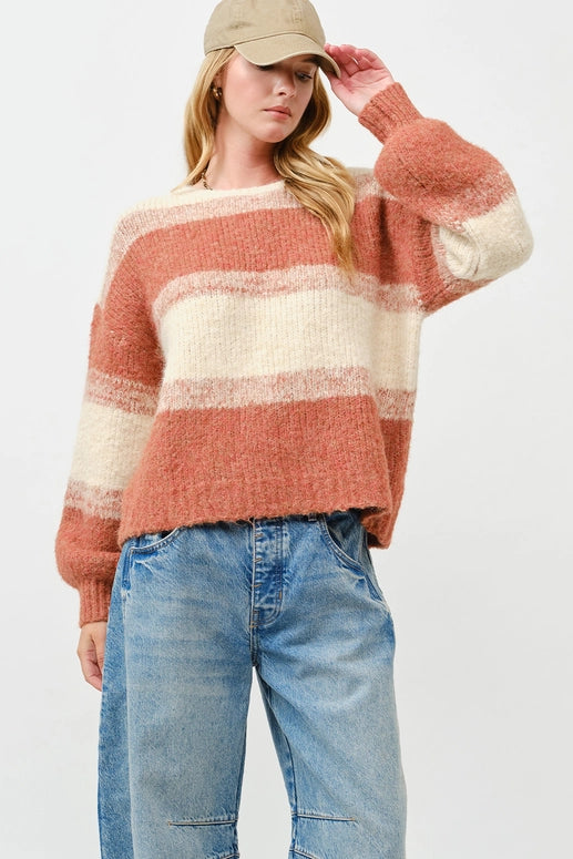 COLOR BLOCK FUZZY KNIT SWEATER - OATMEAL/RUST