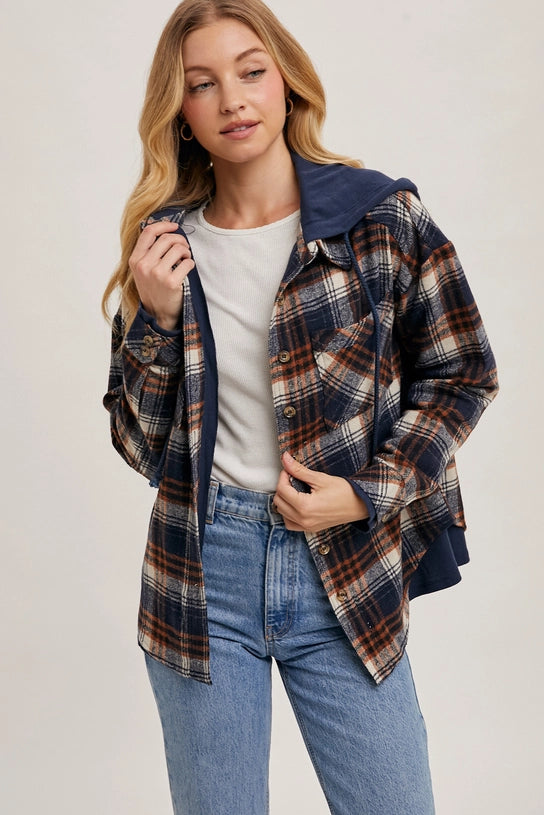 BUTTON DOWN HOODED PLAID JACKET - NAVY