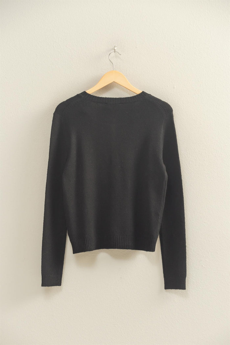 CREW NECK BUTTON UP CARDIGAN - BLACK