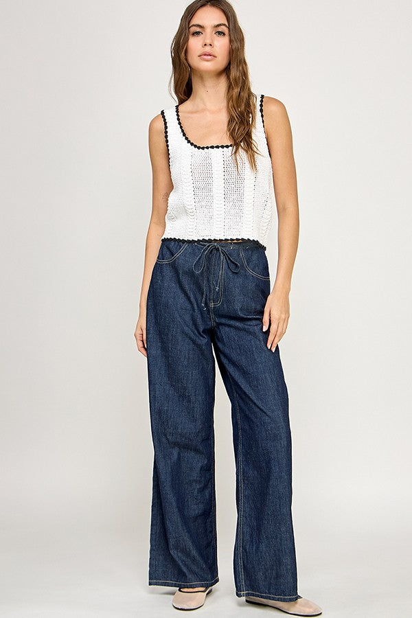 KNIT CROCHET TANK TOP - OFF WHITE/BLACK