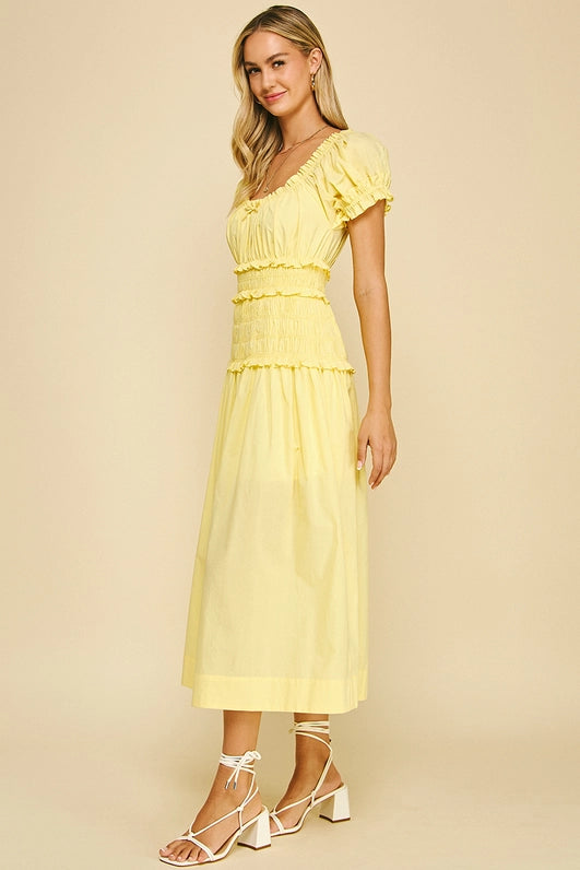 SMOCKED MIDI DRESS - LEMON