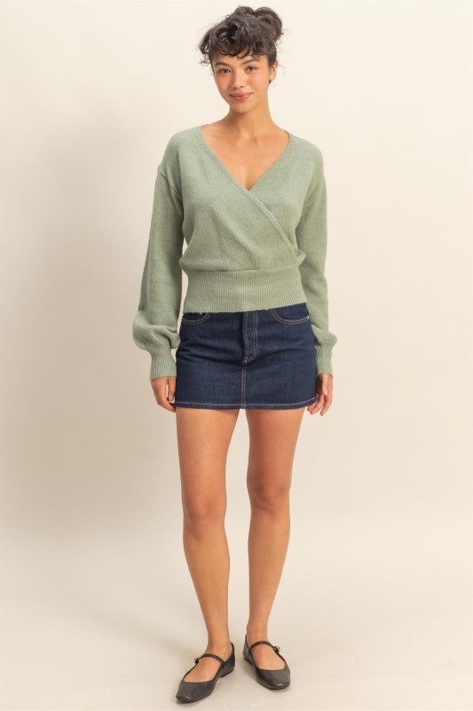 SURPLICE V-NECK SWEATER - SAGE GREEN