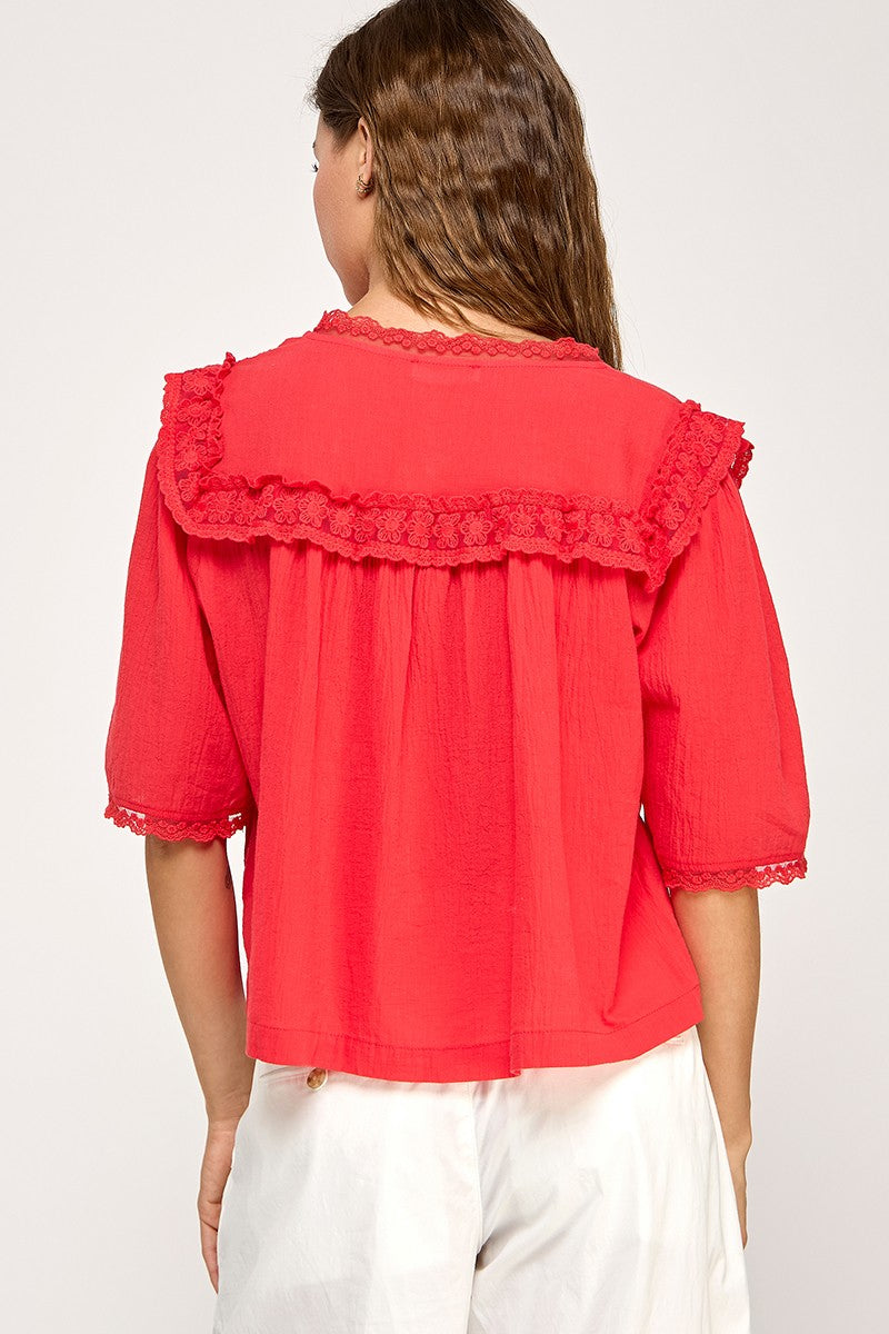 EMBROIDERED LACE TRIM BLOUSE - RED