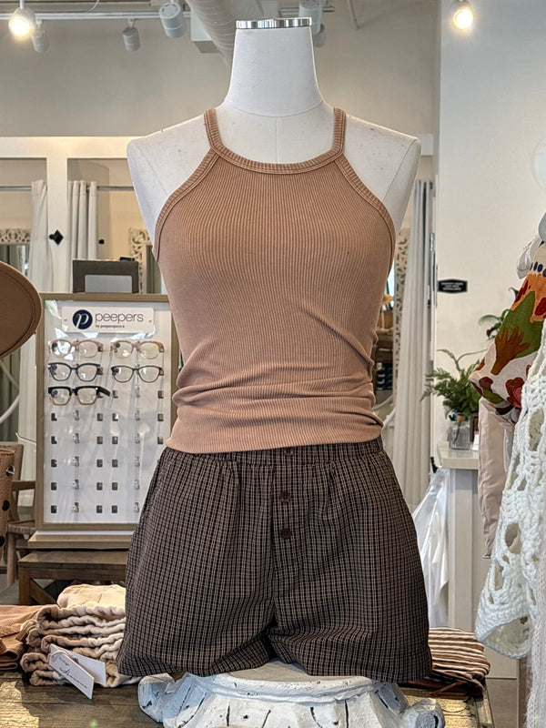 PLAID BOXER STYLE SHORTS - CHOCOLATE