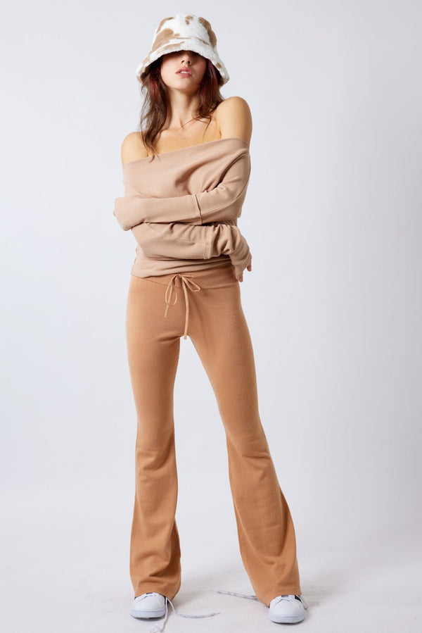 COWL NECK WAFFLE KNIT TOP - TAN