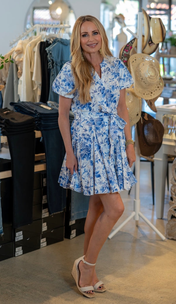 FLORAL BUTTON DOWN MINI DRESS - BLUE/WHITE