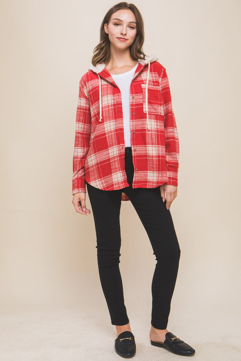 PLAID FLANNEL SHACKET WITH HOOD - RED