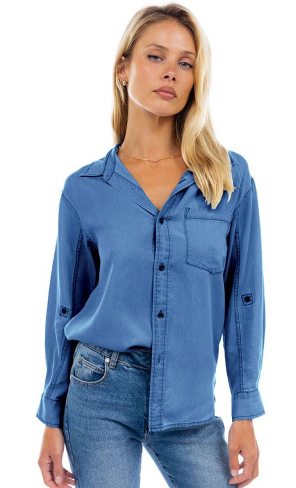 TENCEL BUTTON UP BLOUSE - MEDIUM BLUE