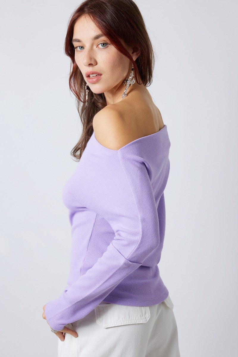 COWL NECK WAFFLE KNIT TOP - LAVENDER