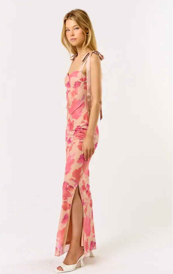 TIE SHOULDER MESH MAXI DRESS - TAUPE/CORAL