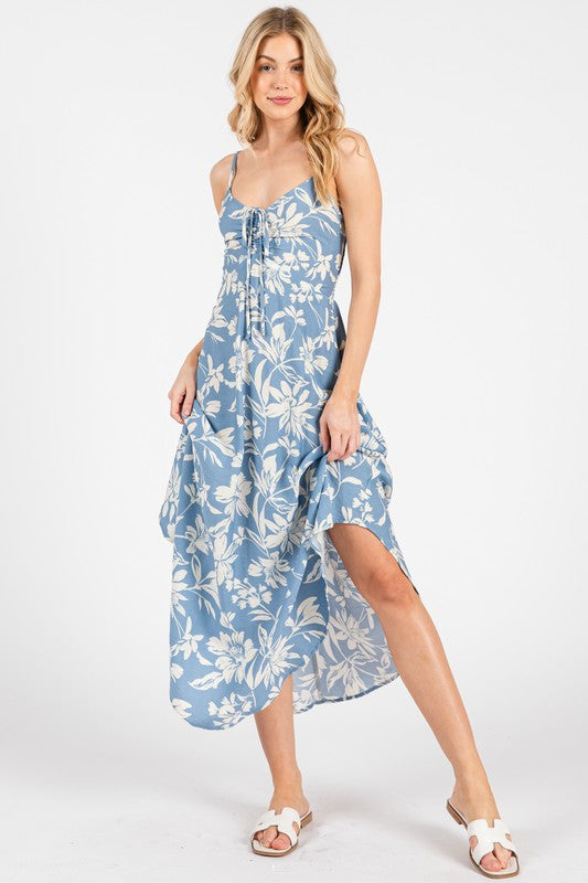 TIE FRONT RUCHED MISI DRESS - BLUE/IVORY