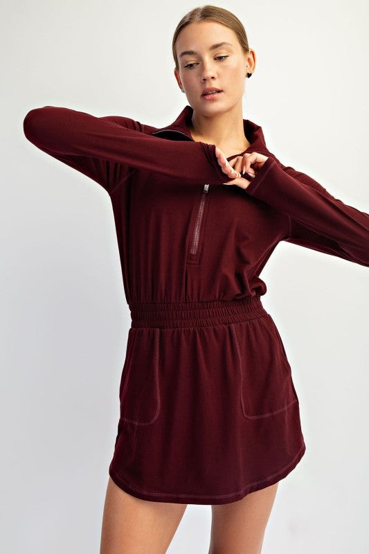 BUTTER QUARTER ZIP ROMPER/SKIRT - DARK CHERRY