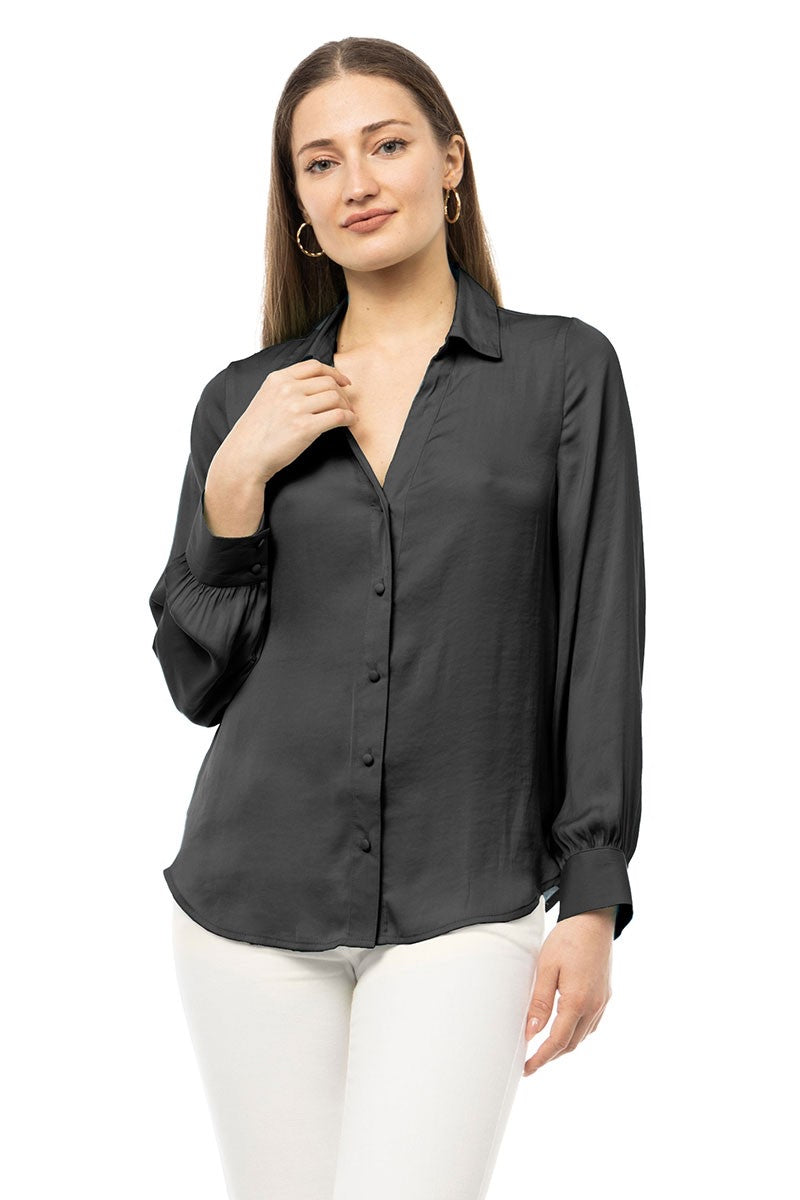 CLASSIC V-NECK BLOUSE - CHARCOAL