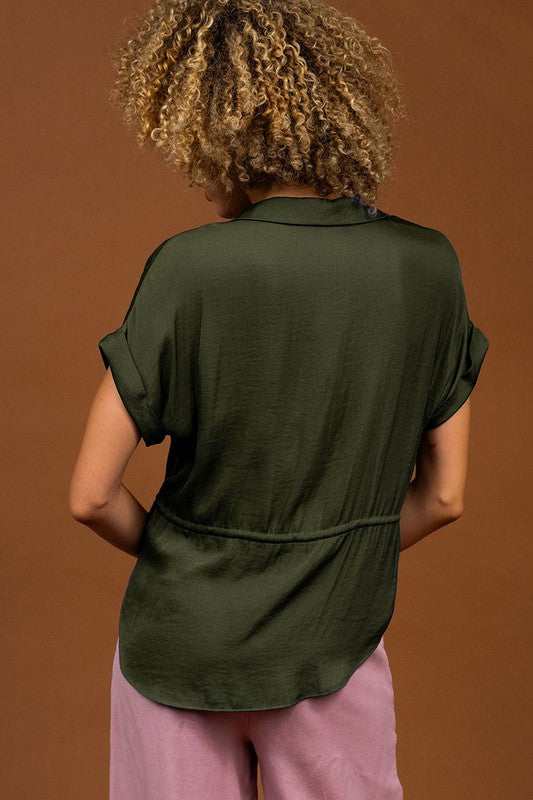 BUTTON FRONT BLOUSE WITH DRAWSTRING WAIST - OLIVINE