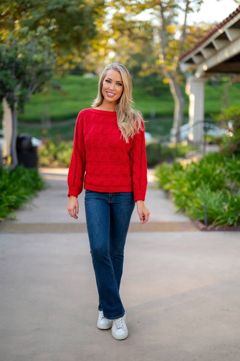 BRAID KNIT COZY SWEATER - RED