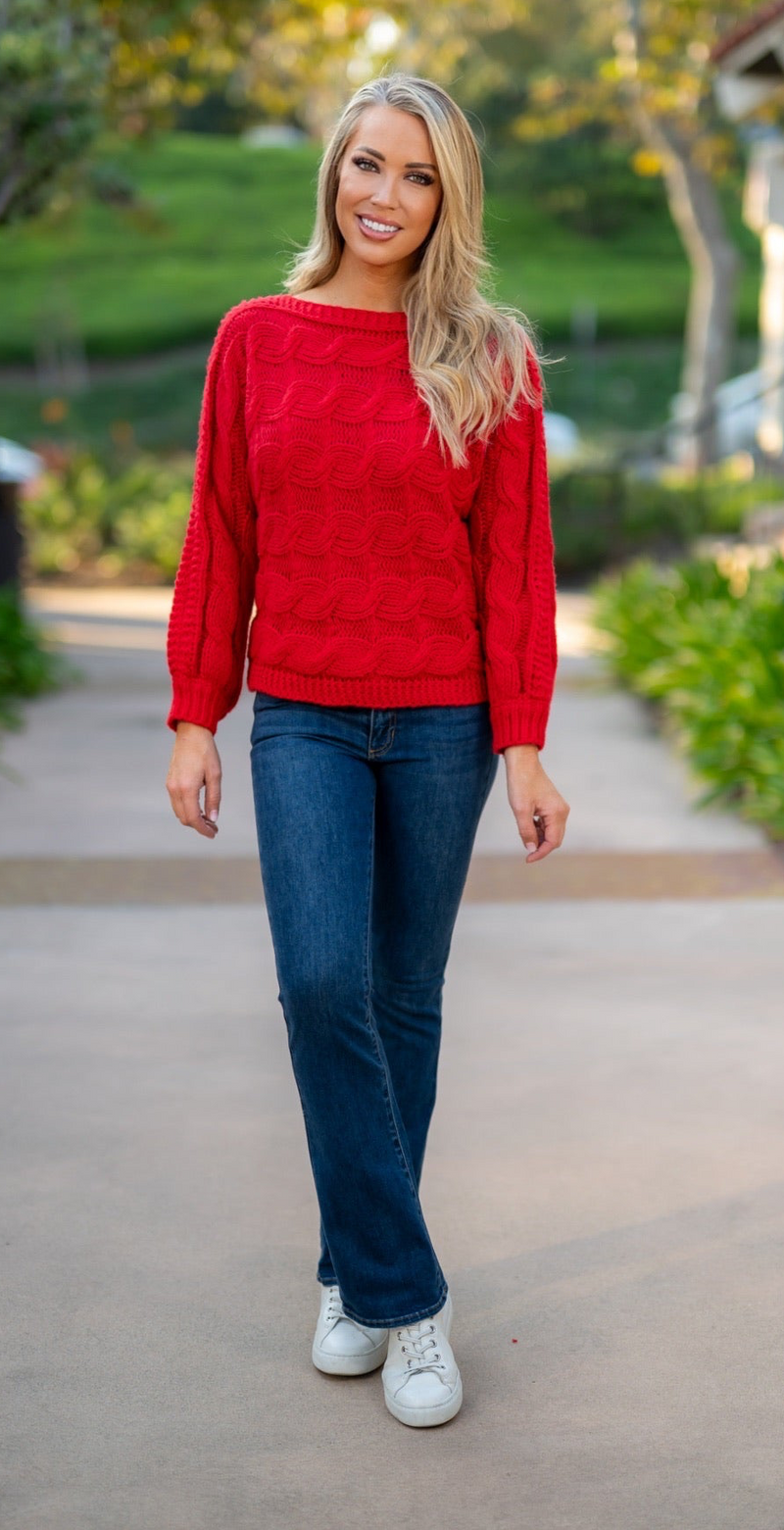 BRAID KNIT COZY SWEATER - RED