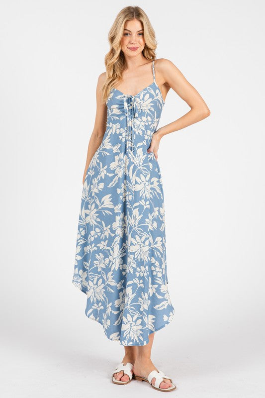 TIE FRONT RUCHED MISI DRESS - BLUE/IVORY