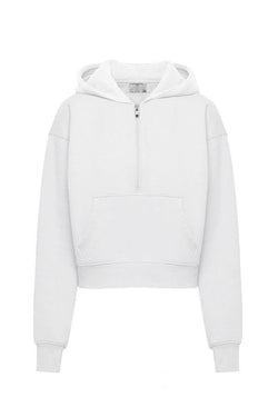 FLEECE HALF ZIP UP HOODIE WITH THUMBHOLES - WHITE