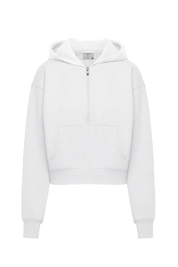 FLEECE HALF ZIP UP HOODIE WITH THUMBHOLES - WHITE