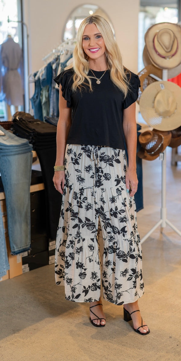 FLORAL BOHO MAXI SKIRT - IVORY/BLACK