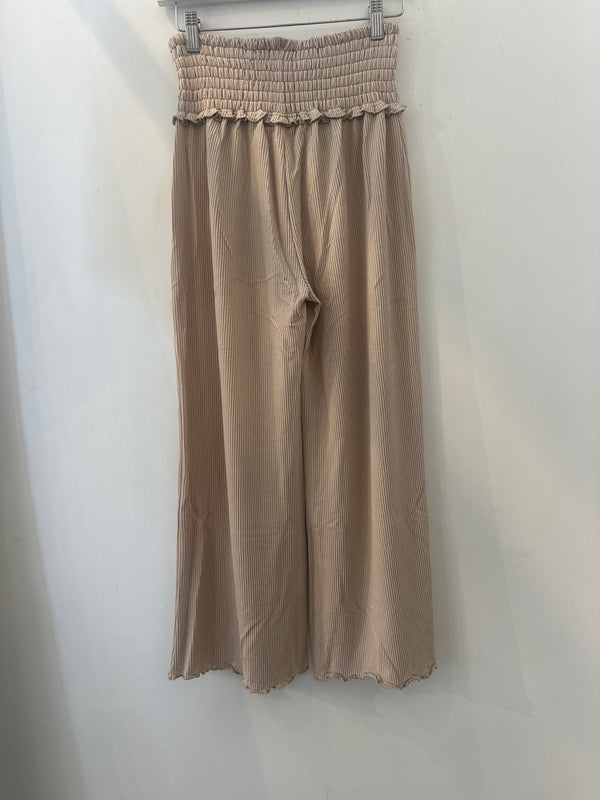 SMOCKED WAIST WIDE LEG PANTS - SAND