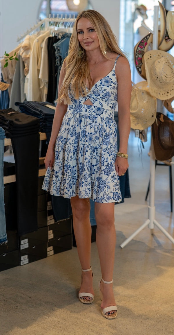FLORAL TWIST FRONT CUT OUT SUNDRESS - IVORY/BLUE