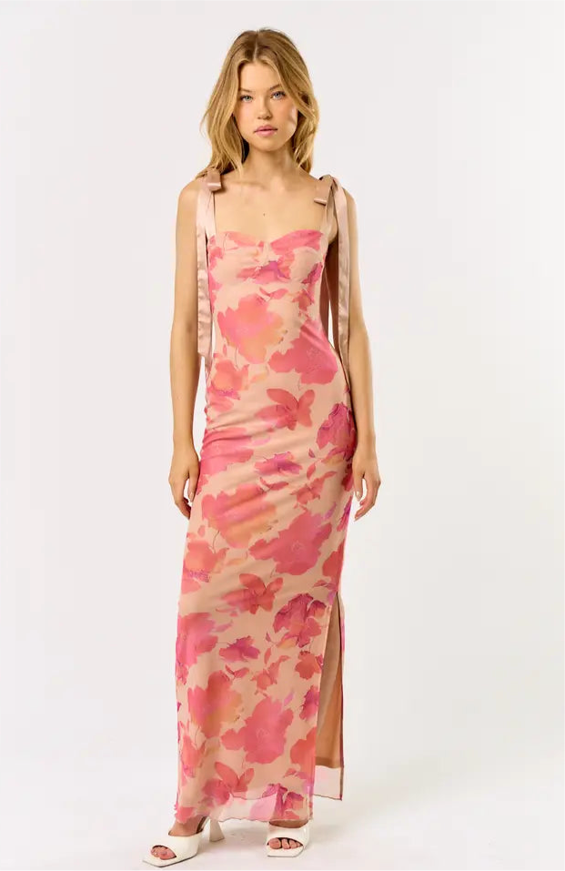 TIE SHOULDER MESH MAXI DRESS - TAUPE/CORAL
