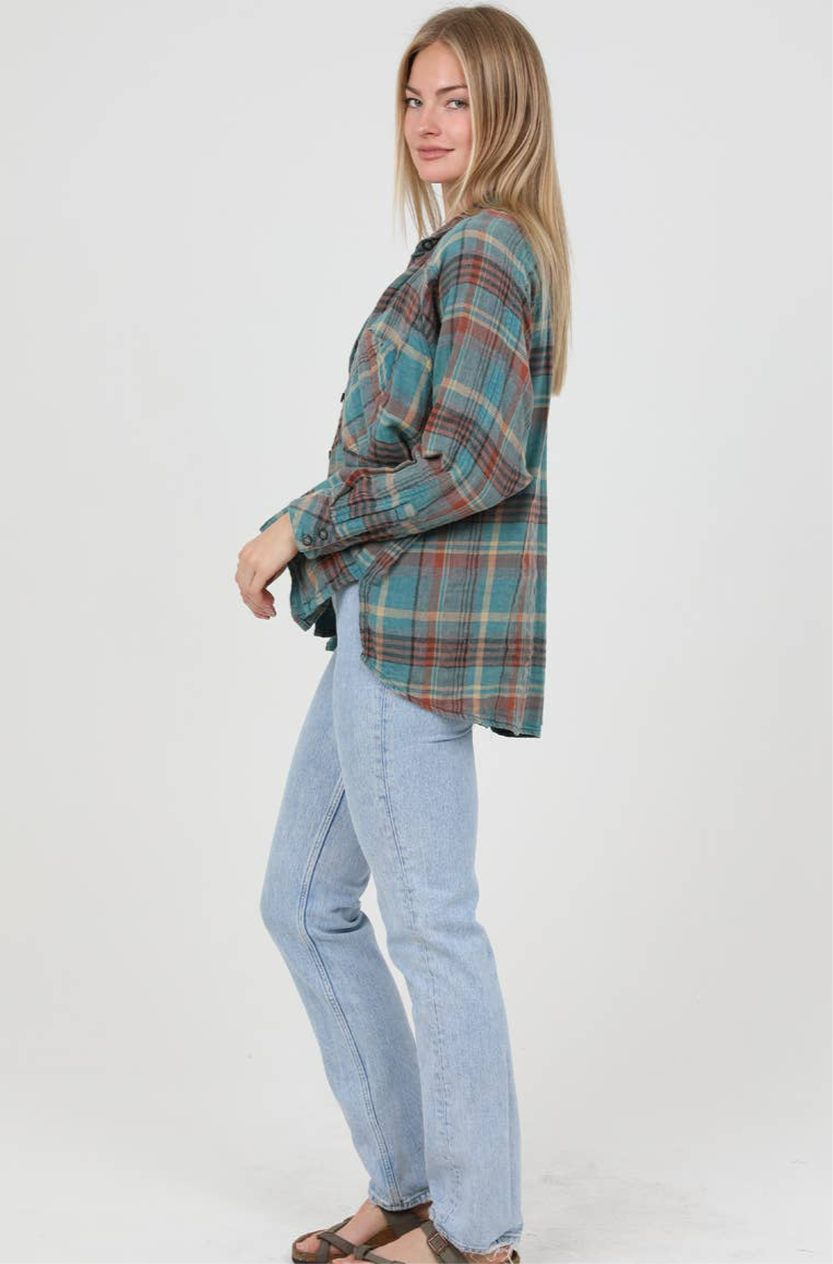 PLAID BUTTON FRONT SHIRT - TURQUOISE