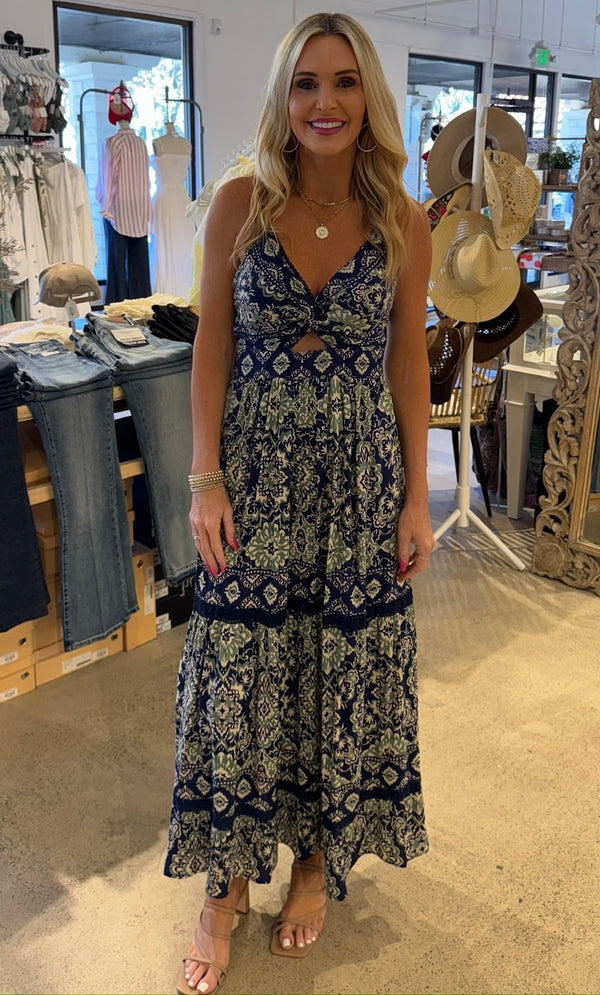 CUT OUT FLORAL MAXI DRESS - NAVY/GREEN