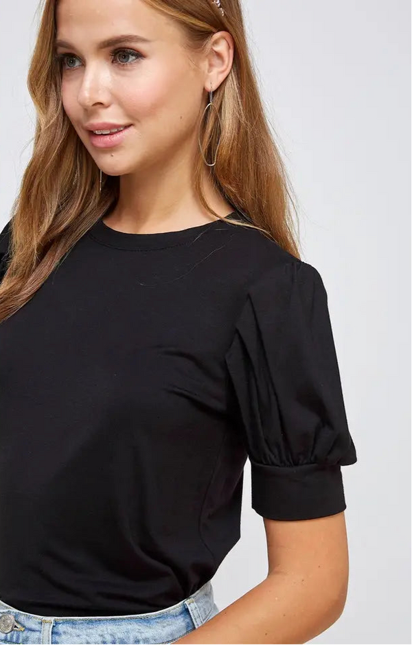 PUFF SLEEVE CREW NECK TEE SHIRT - BLACK