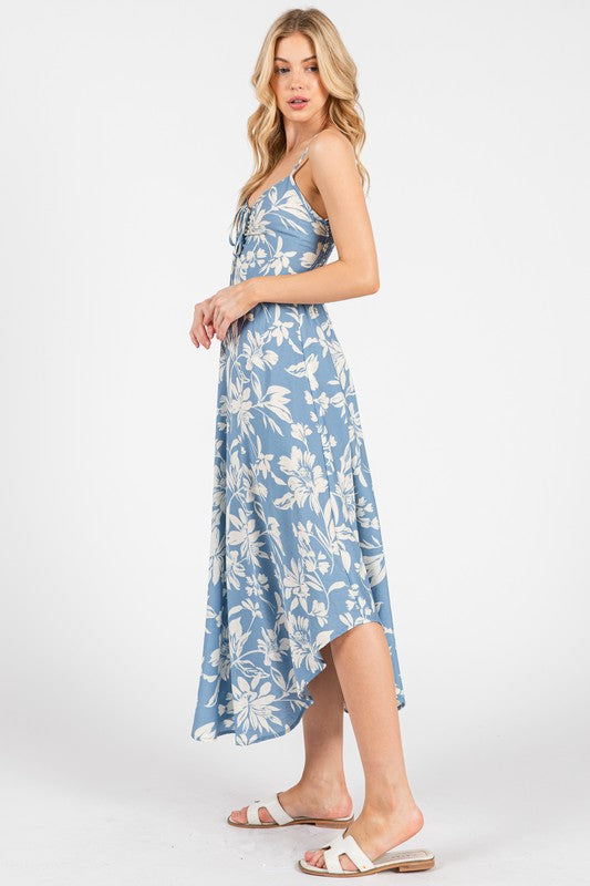 TIE FRONT RUCHED MISI DRESS - BLUE/IVORY